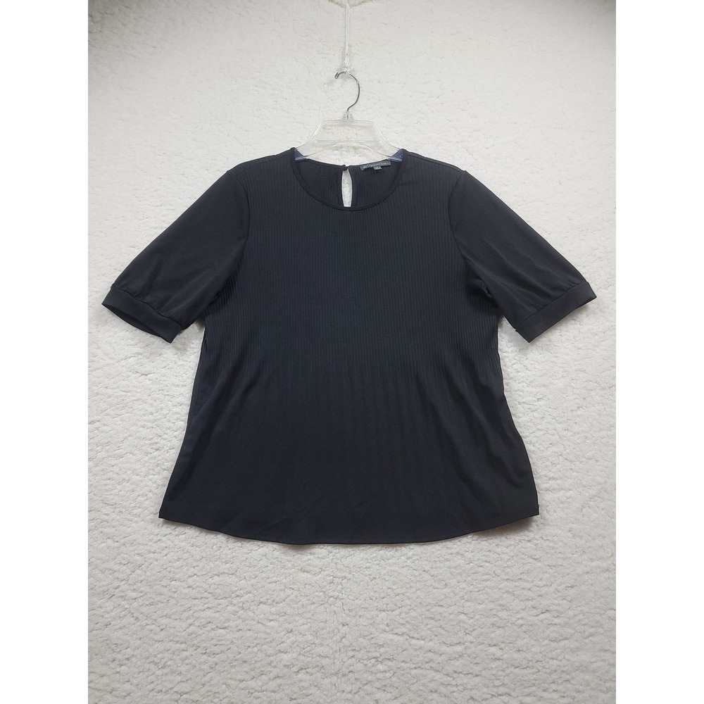 Adrianna Papell Black Ribbed Knit Short Sleeve Keyhole Back Blouse Shirt Medium